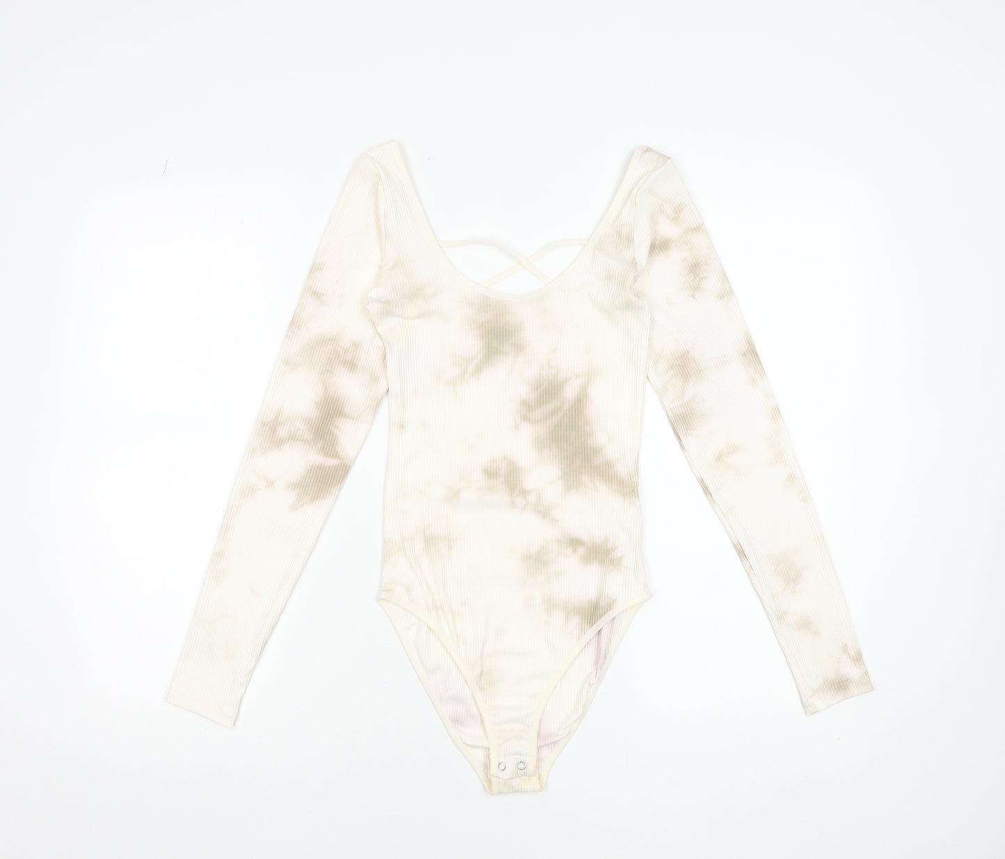 Stradivarius Womens Beige Tie Dye Long Sleeve Bodysuit Size 12