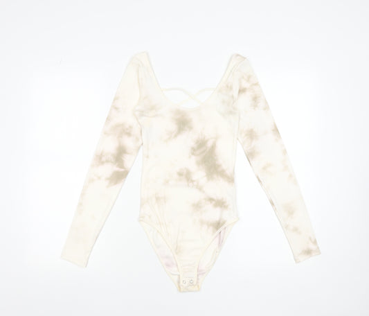 Stradivarius Womens Beige Tie Dye Long Sleeve Bodysuit Size 12