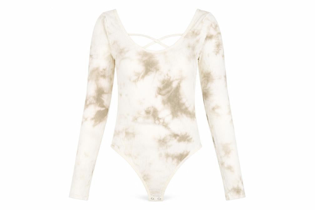 Front view of Stradivarius women’s beige tie dye long sleeve bodysuit, size UK 12
