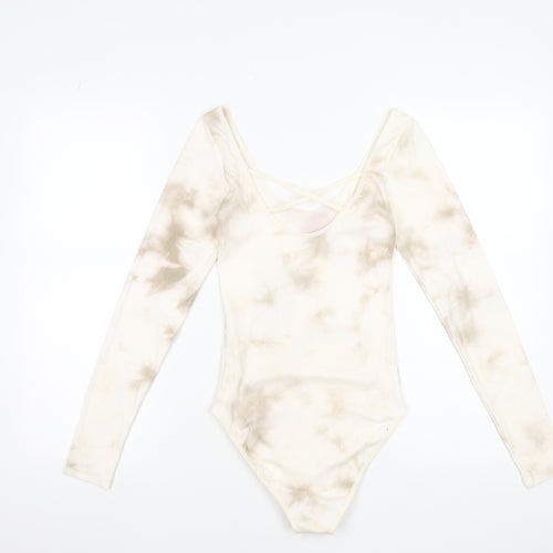 Stradivarius Womens Beige Tie Dye Long Sleeve Bodysuit Size 12