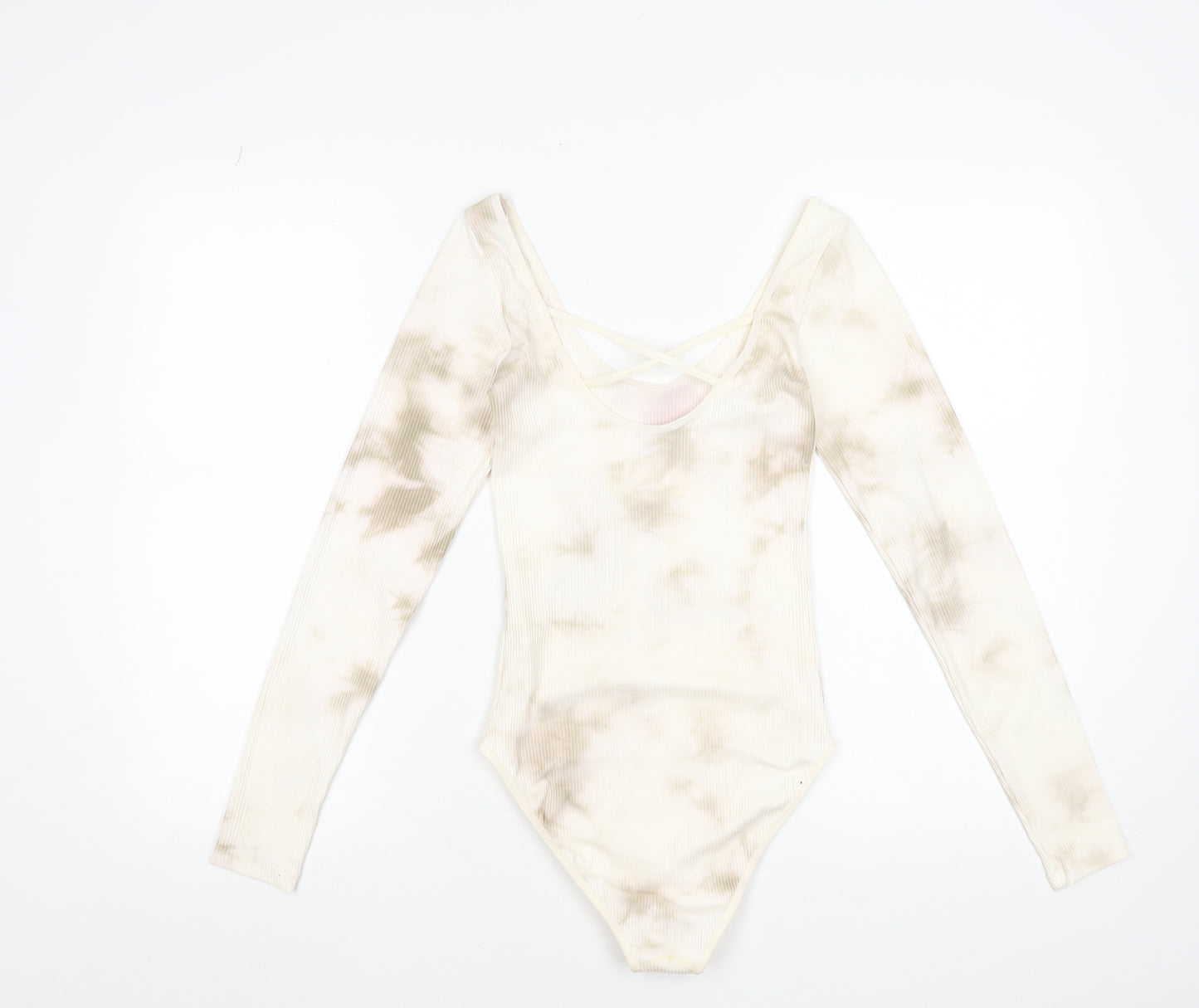 Stradivarius Womens Beige Tie Dye Long Sleeve Bodysuit Size 12