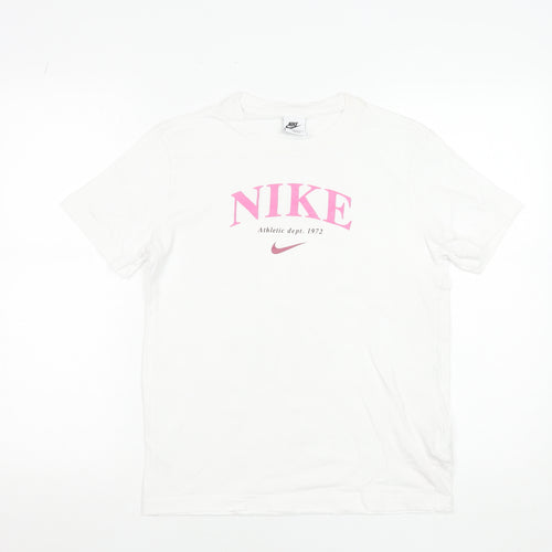 Nike Girls White Pink Graphic Logo T-Shirt Size L 146-156cm Cotton