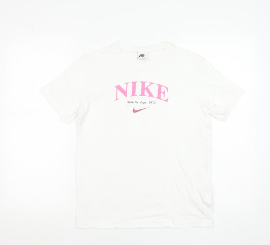 Nike Girls White Pink Graphic Logo T-Shirt Size L 146-156cm Cotton