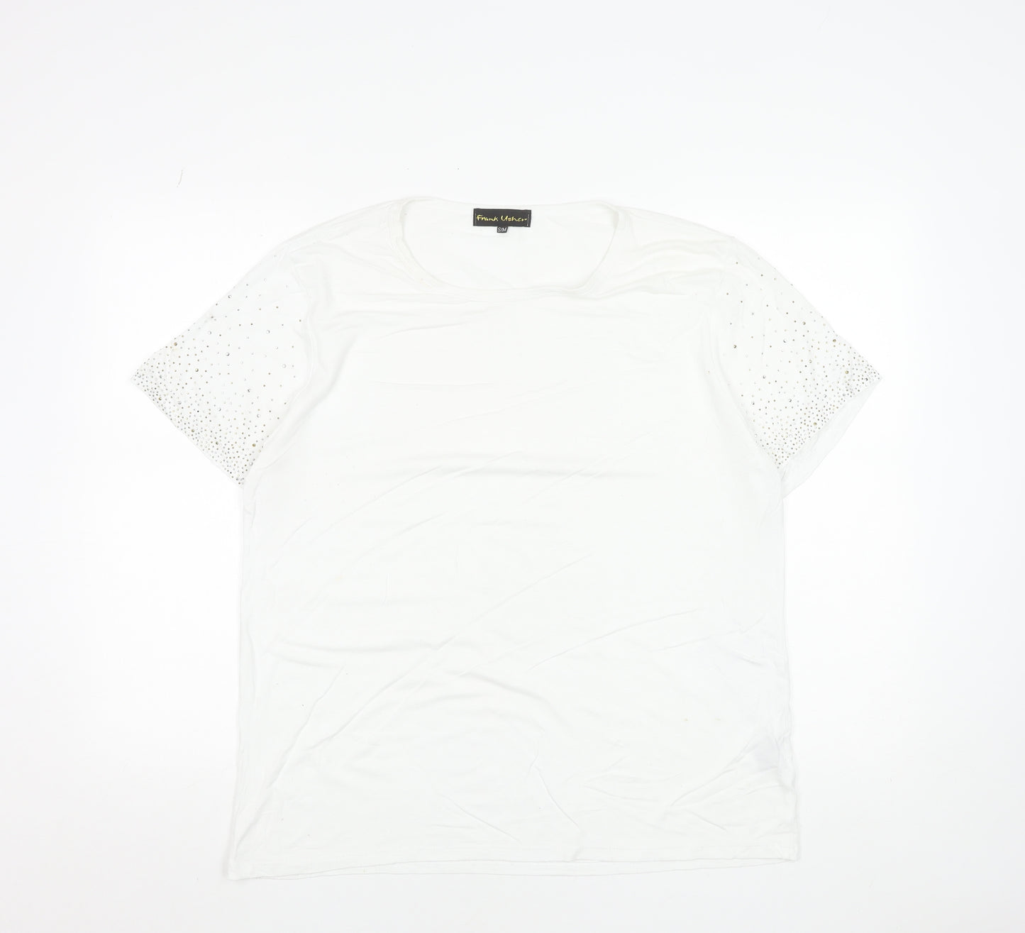 Frank Usher Women White Rhinestone Short Sleeve T-Shirt Size S