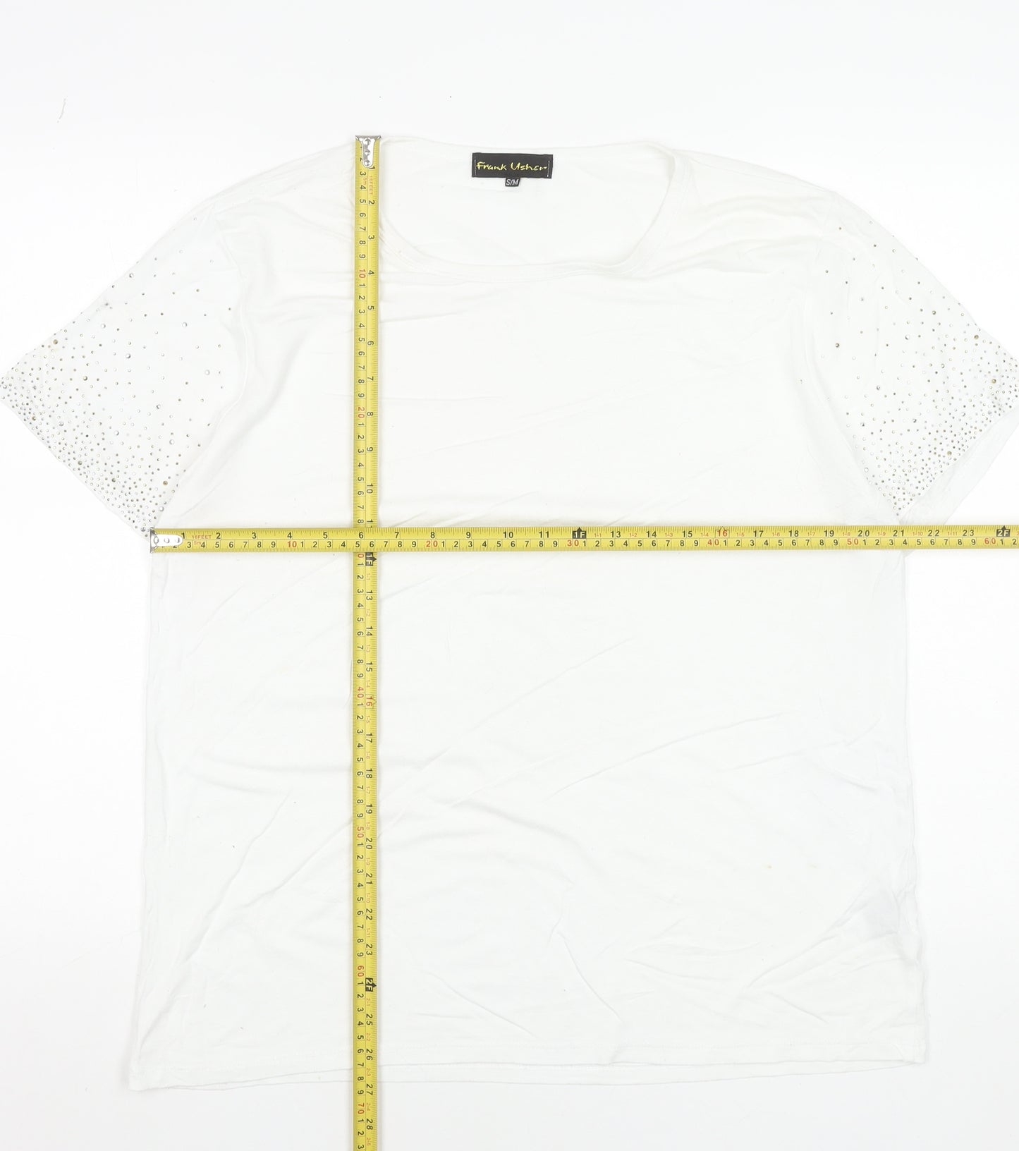 Frank Usher Women White Rhinestone Short Sleeve T-Shirt Size S