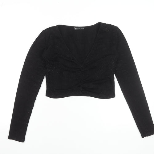 ZARA Womens Black Cropped V-Neck Long Sleeve Top Size S
