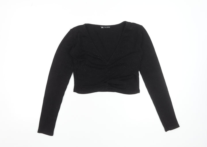 ZARA Womens Black Cropped V-Neck Long Sleeve Top Size S