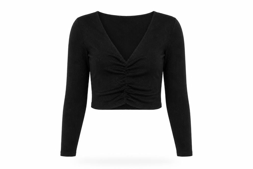 Front view of Zara women’s black cropped v-neck long sleeve top, size S