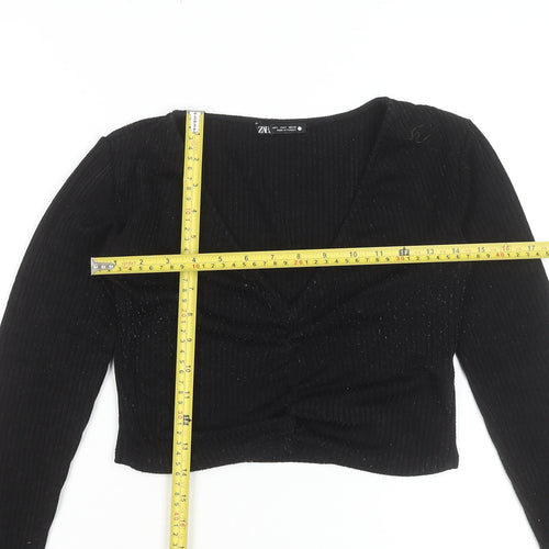 ZARA Womens Black Cropped V-Neck Long Sleeve Top Size S