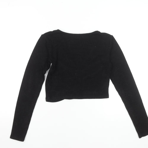 ZARA Womens Black Cropped V-Neck Long Sleeve Top Size S