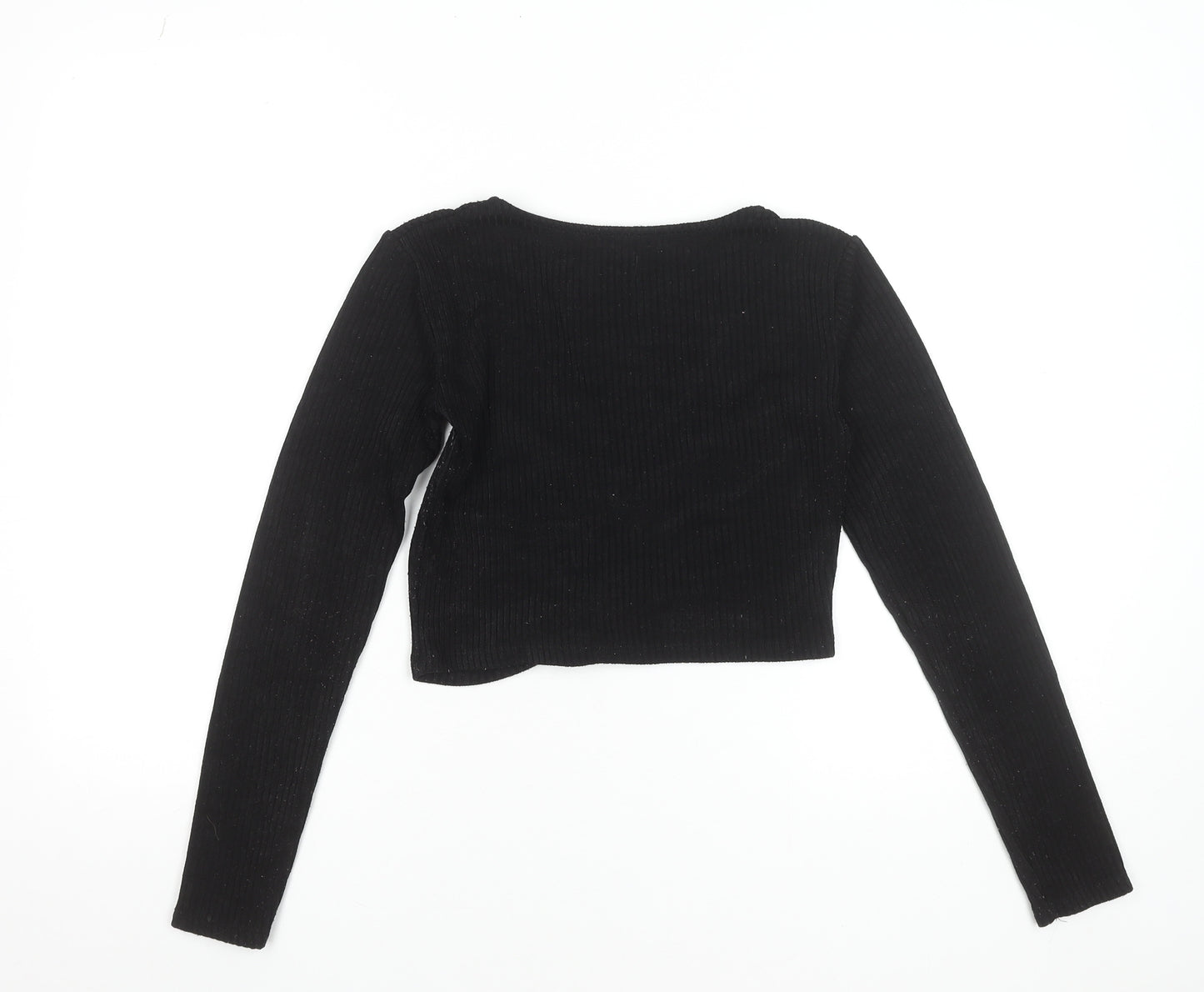 ZARA Womens Black Cropped V-Neck Long Sleeve Top Size S