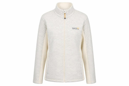 Front view of Regatta women’s grey striped fleece jacket uk10 full zip outdoor layer