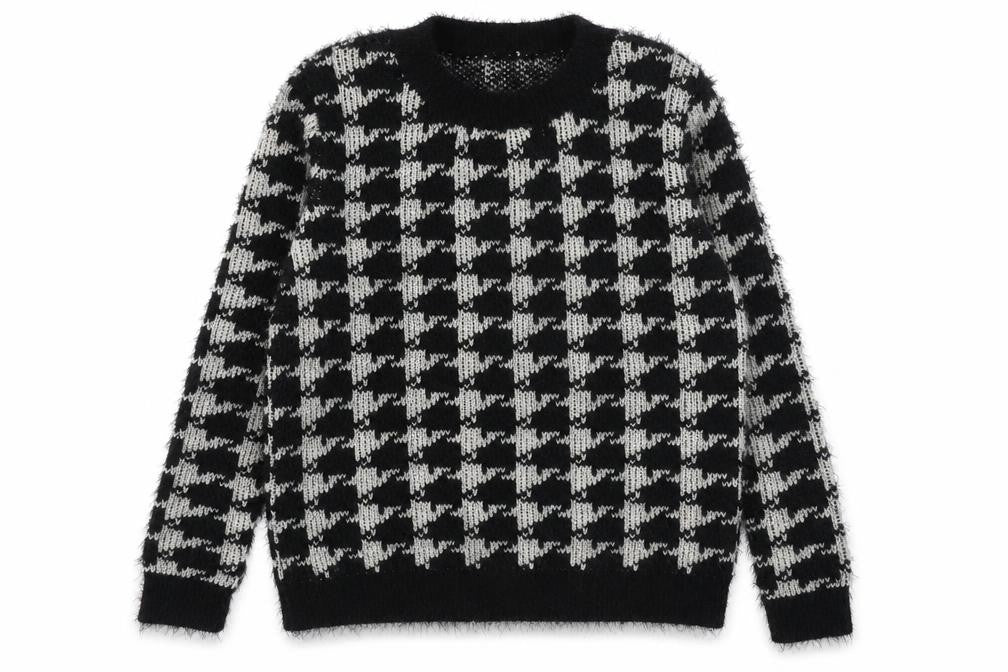 Front view of Hate Cut Women's Black & White Houndstooth Knit jumper, size M