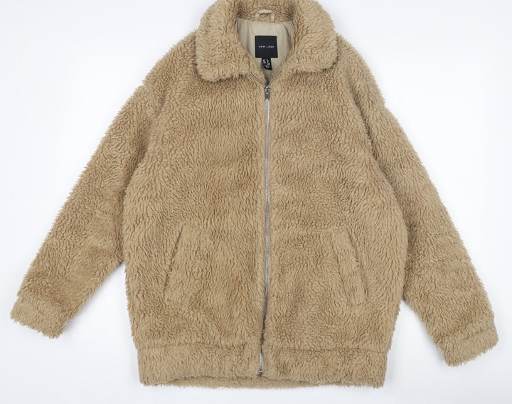 New Look Women's Beige Faux Fur Bomber Jacket Size 6