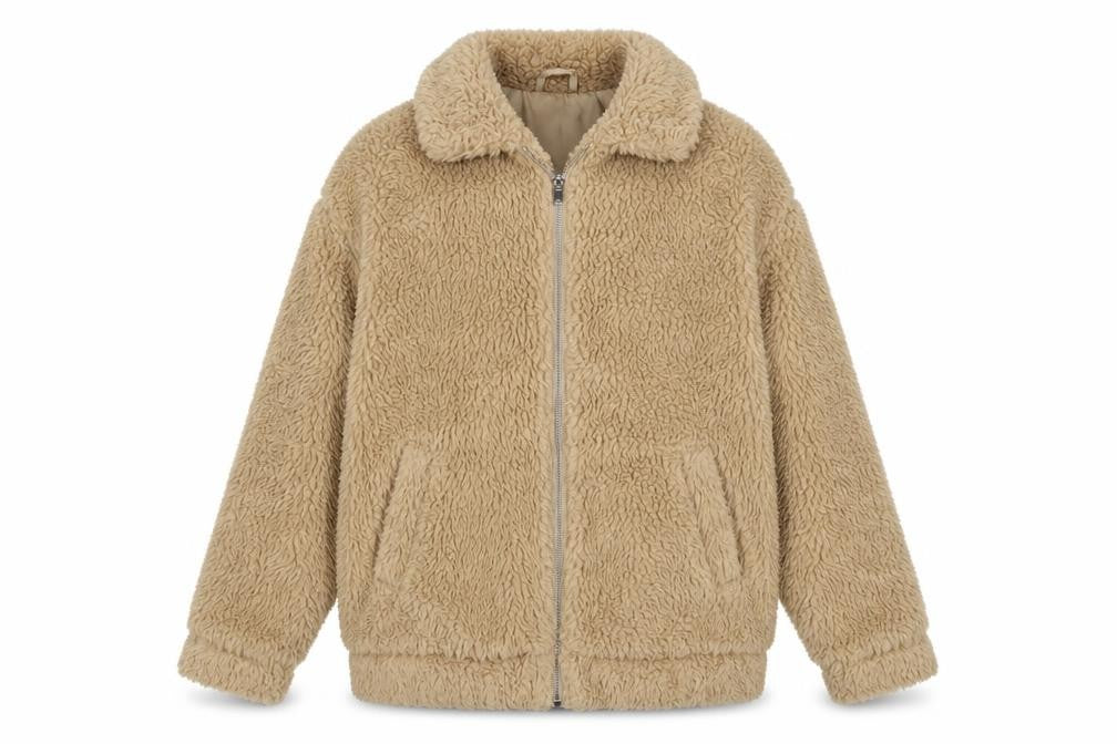 Front view of New Look Women's Beige Faux Fur Bomber Jacket, size 6