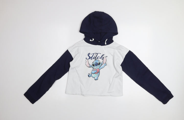 Disney Girls White Stitch Pullover Hoodie 11-12 Years Graphic Print
