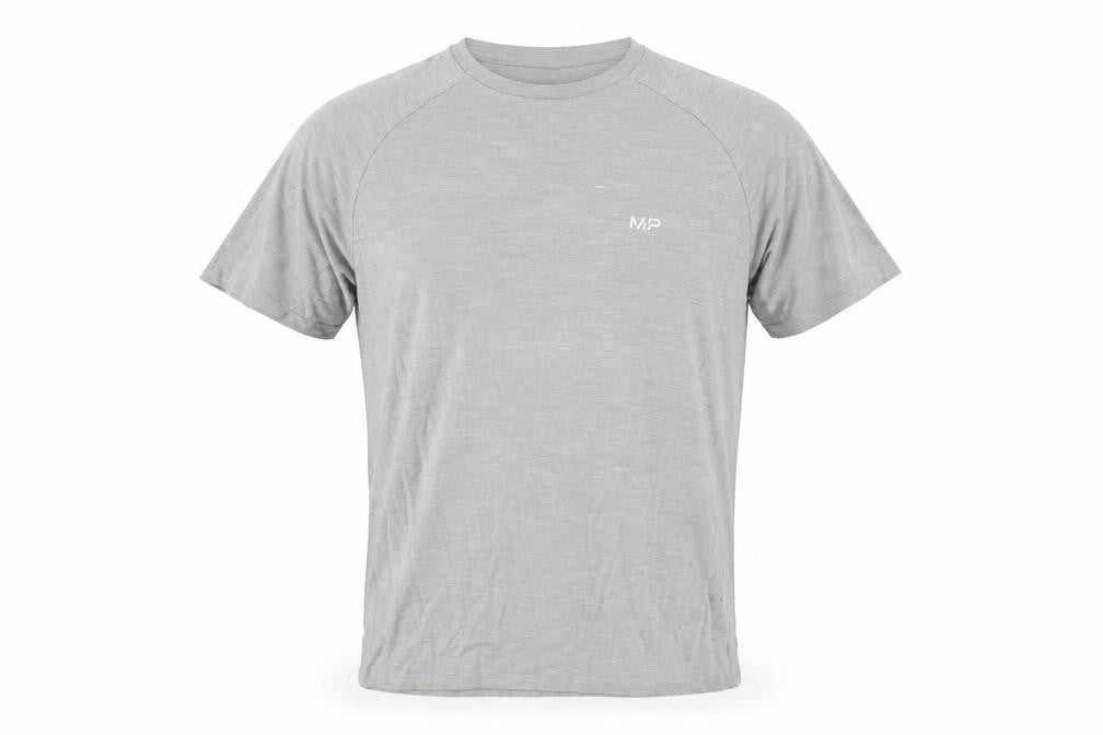 Front view of Myprotein Men's Grey Athletic Fit Short Sleeve T-Shirt, size M