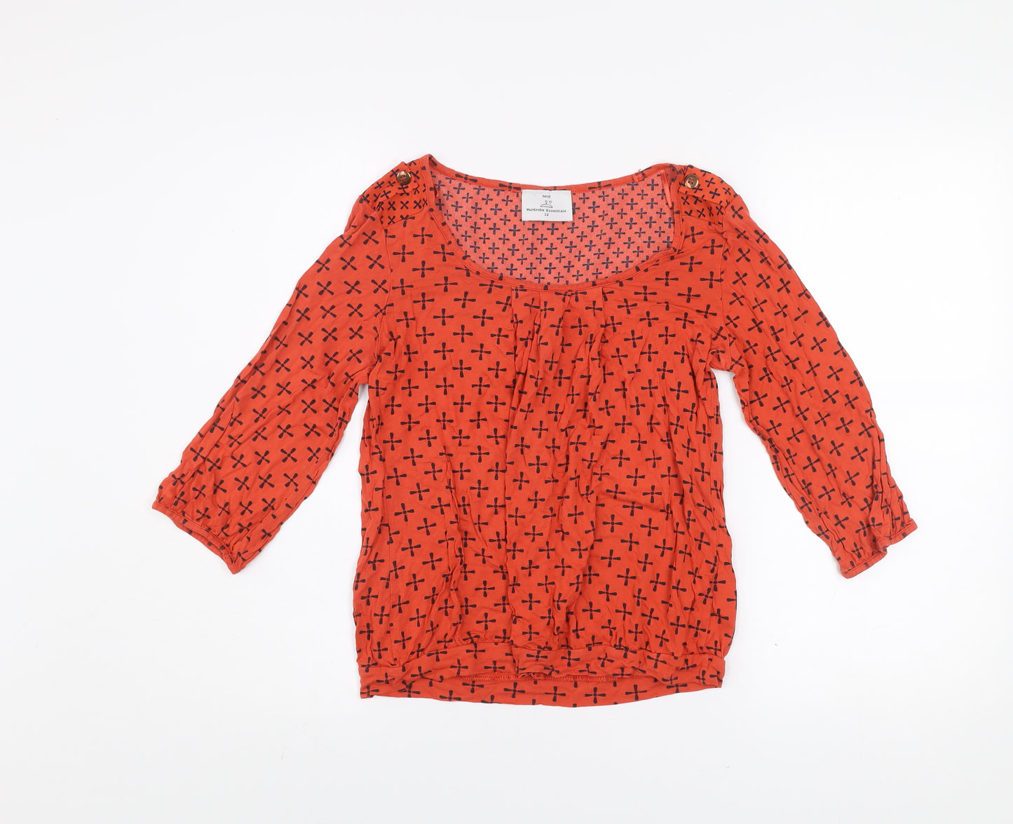 Next Women Red Geometric Jersey Blouse Size 12 3/4 Sleeve Scoop Neck