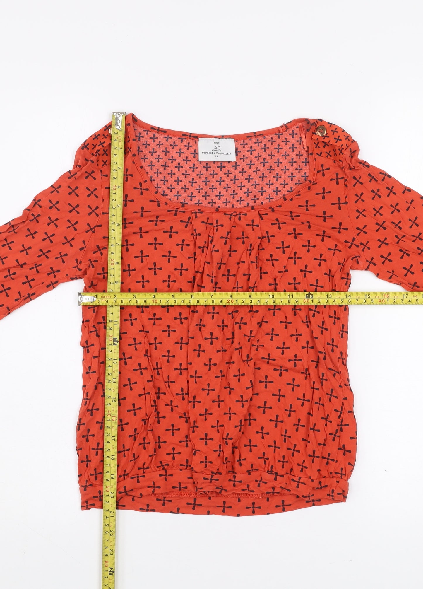 Next Women Red Geometric Jersey Blouse Size 12 3/4 Sleeve Scoop Neck