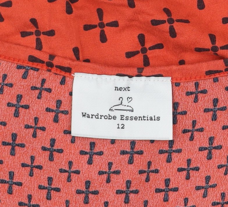 Next Women Red Geometric Jersey Blouse Size 12 3/4 Sleeve Scoop Neck