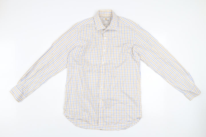 Brook Taverner Men's Beige Blue Check Classic Fit Cotton Shirt 15.5in