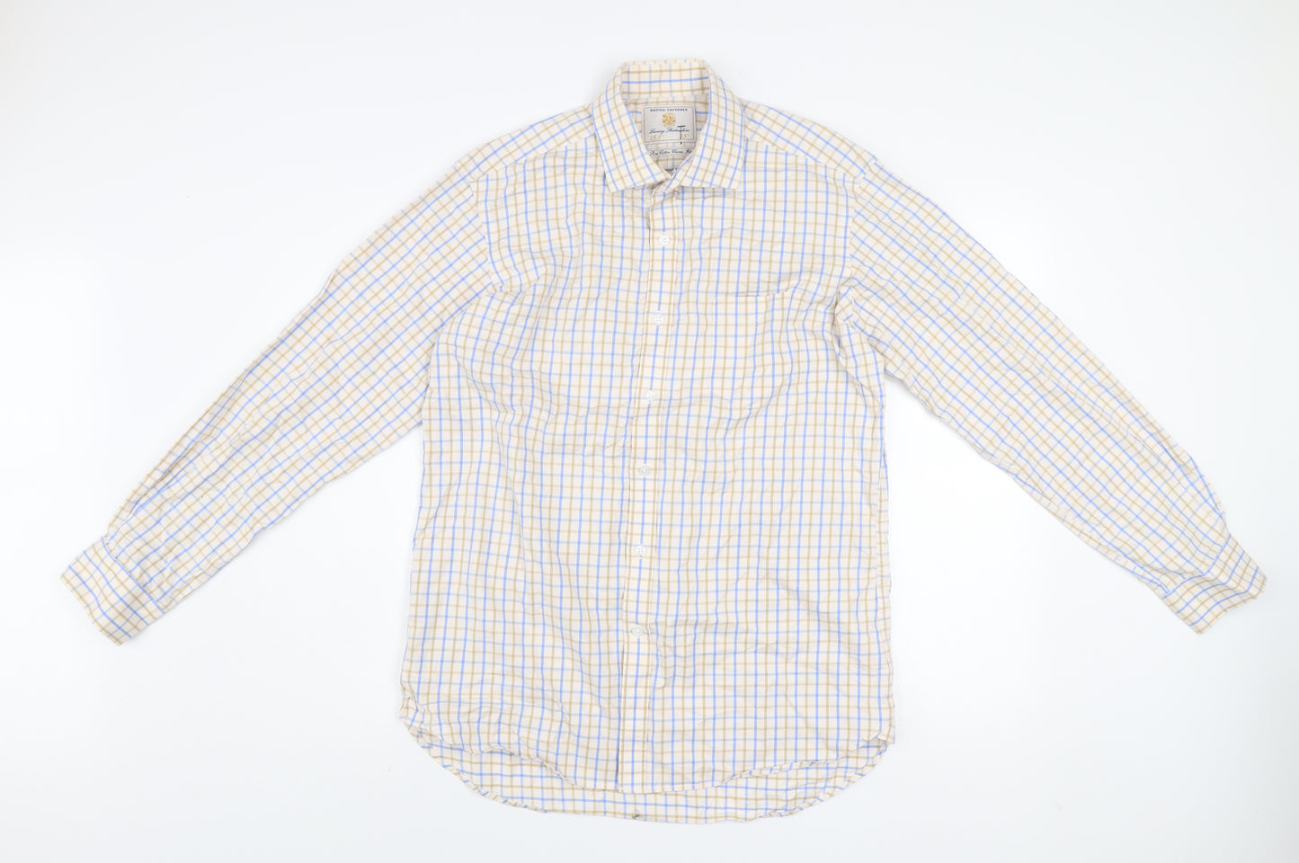 Brook Taverner Men's Beige Blue Check Classic Fit Cotton Shirt 15.5in