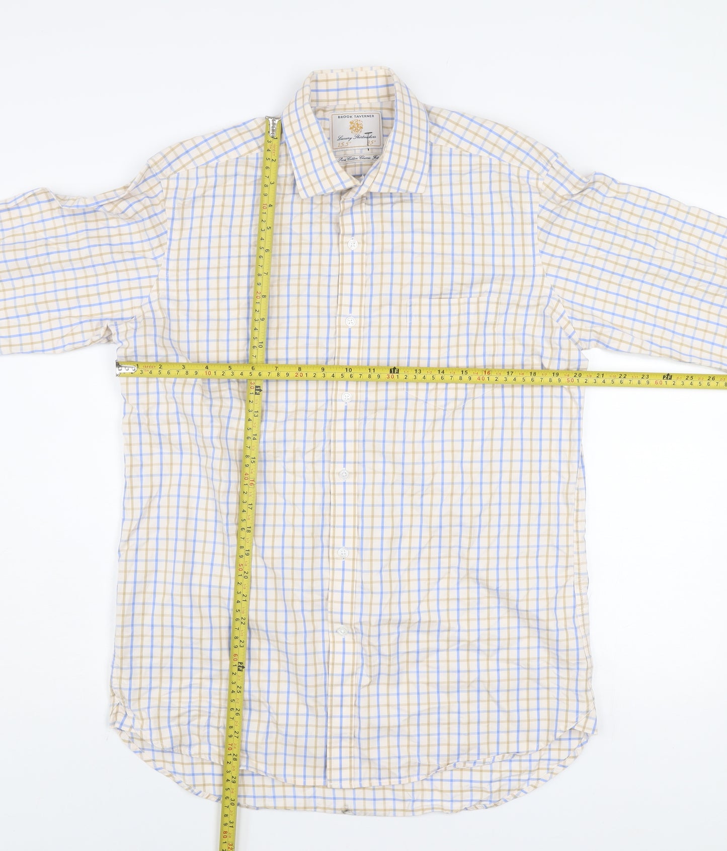 Brook Taverner Men's Beige Blue Check Classic Fit Cotton Shirt 15.5in