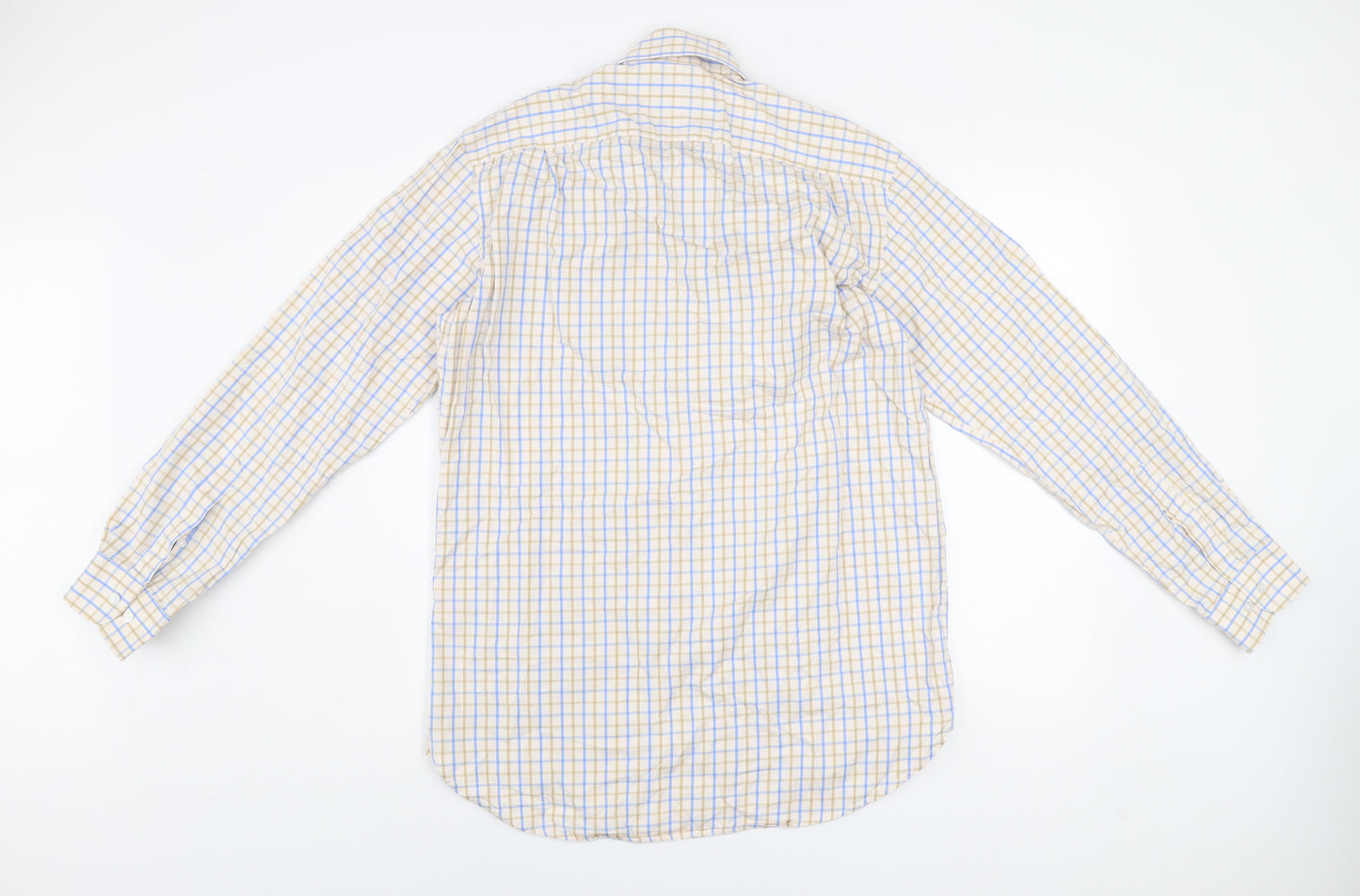 Brook Taverner Men's Beige Blue Check Classic Fit Cotton Shirt 15.5in