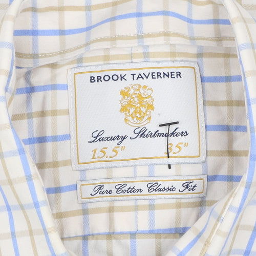 Brook Taverner Men's Beige Blue Check Classic Fit Cotton Shirt 15.5in