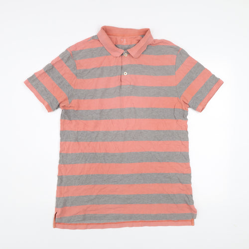 Gap Men’s Pink and Grey Striped Cotton Polo Shirt Size L