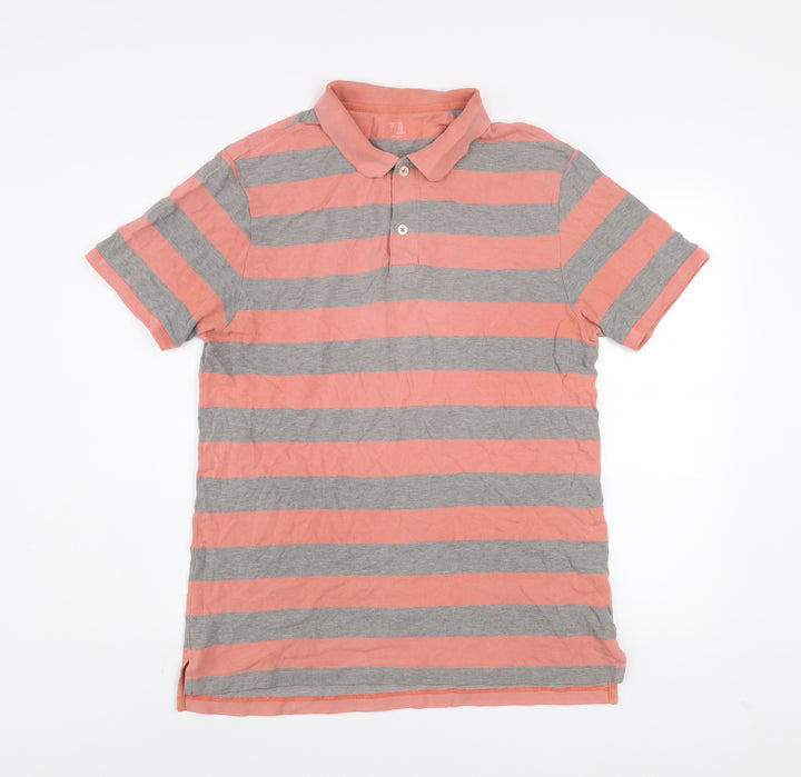 Gap Men’s Pink and Grey Striped Cotton Polo Shirt Size L