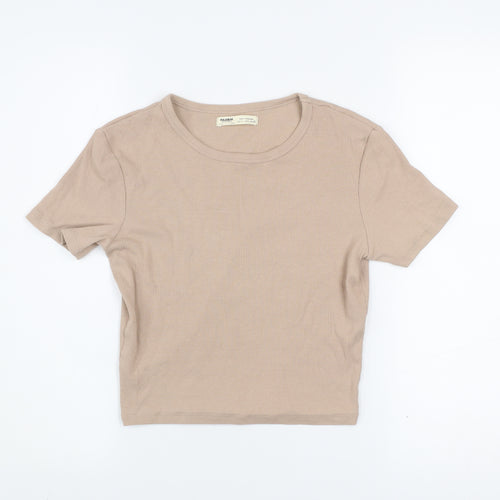 Pull&Bear Womens Beige Basic Ribbed Cotton T-Shirt Size L