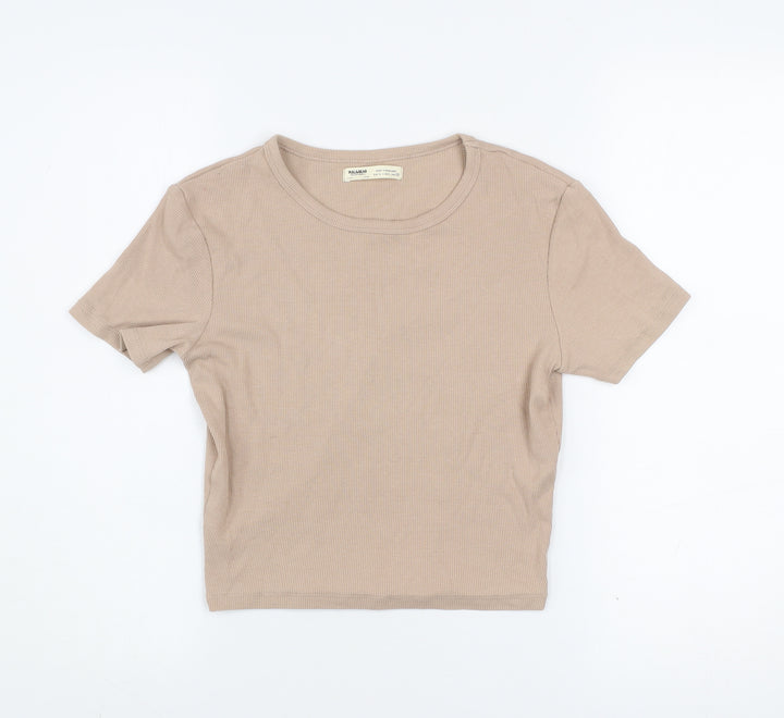 Pull&Bear Womens Beige Basic Ribbed Cotton T-Shirt Size L