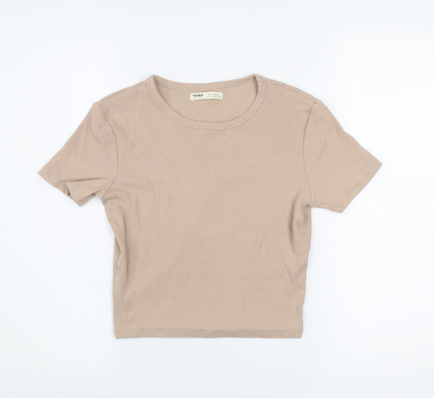 Pull&Bear Womens Beige Basic Ribbed Cotton T-Shirt Size L