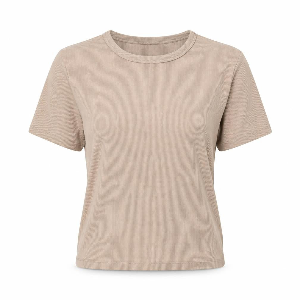 Pull&Bear Womens Beige Basic Ribbed Cotton T-Shirt Size L