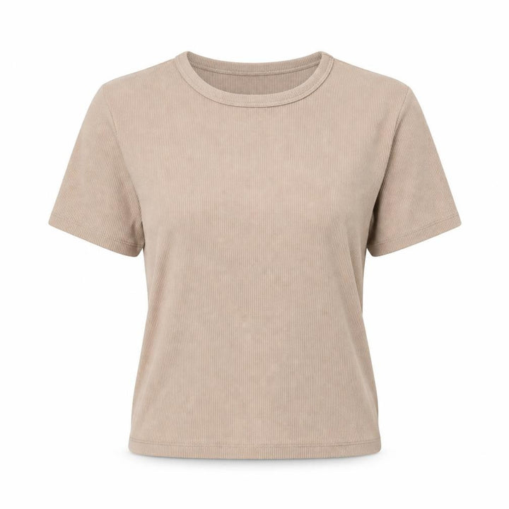 Pull&Bear Womens Beige Basic Ribbed Cotton T-Shirt Size L