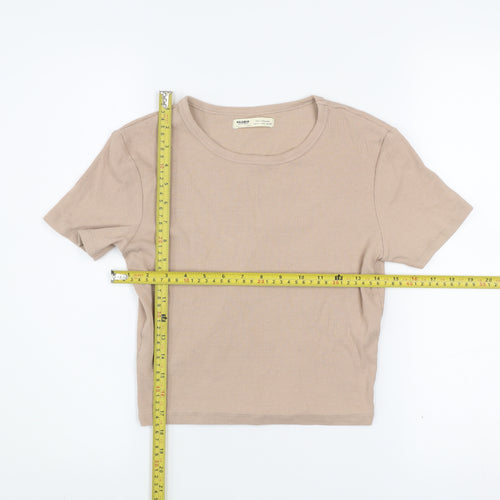 Pull&Bear Womens Beige Basic Ribbed Cotton T-Shirt Size L