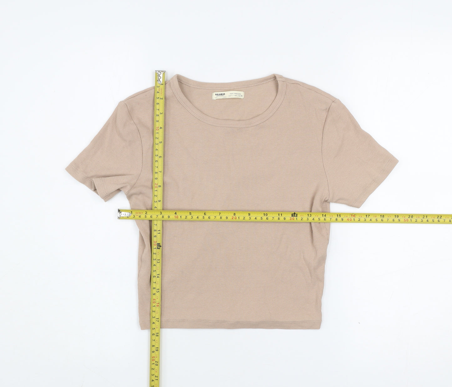 Pull&Bear Womens Beige Basic Ribbed Cotton T-Shirt Size L