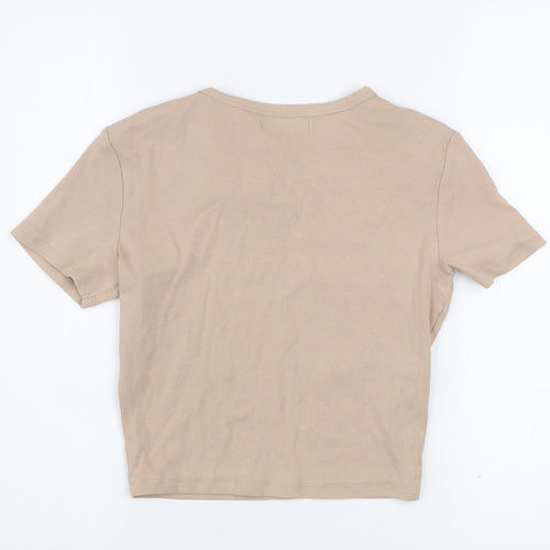 Pull&Bear Womens Beige Basic Ribbed Cotton T-Shirt Size L