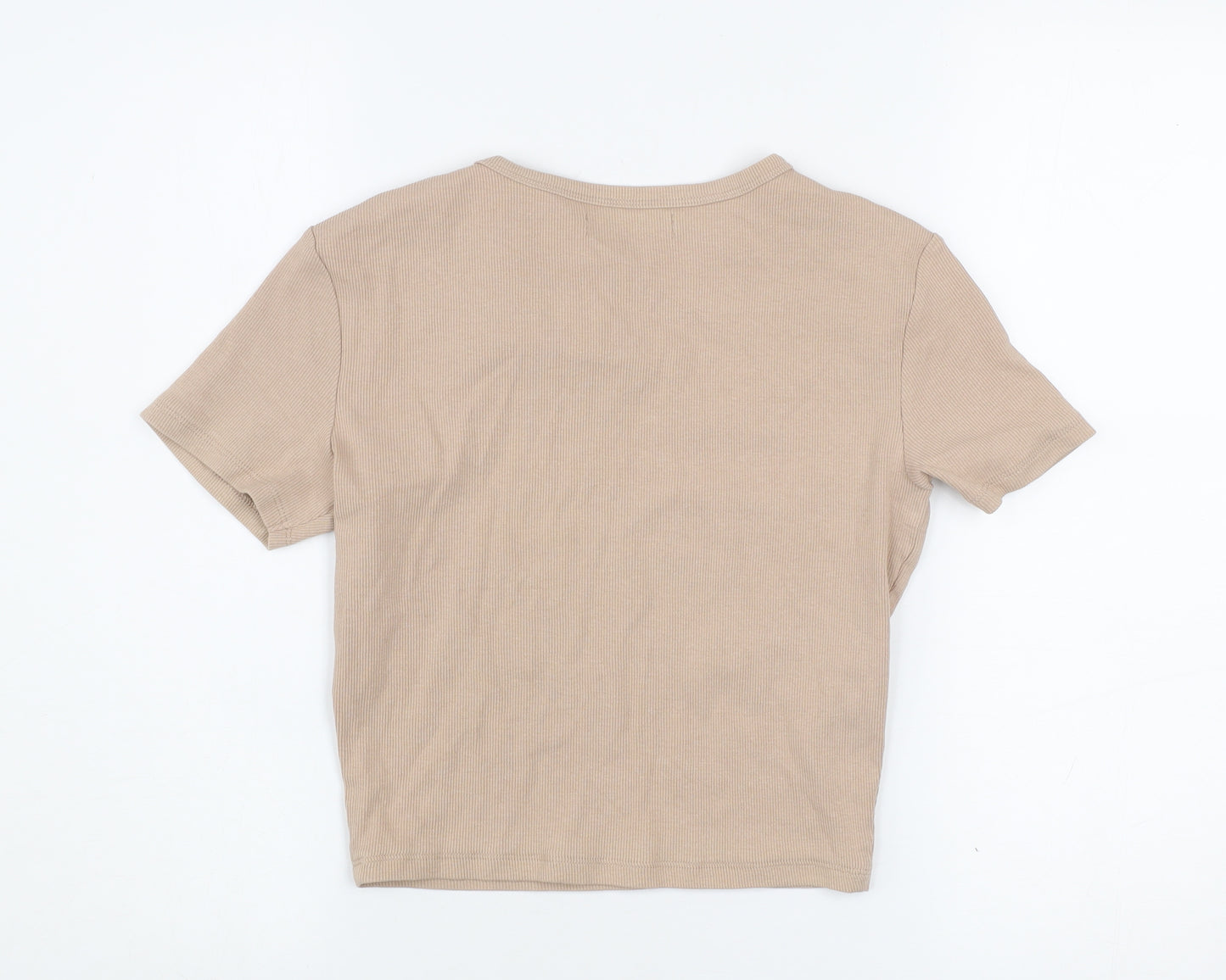 Pull&Bear Womens Beige Basic Ribbed Cotton T-Shirt Size L