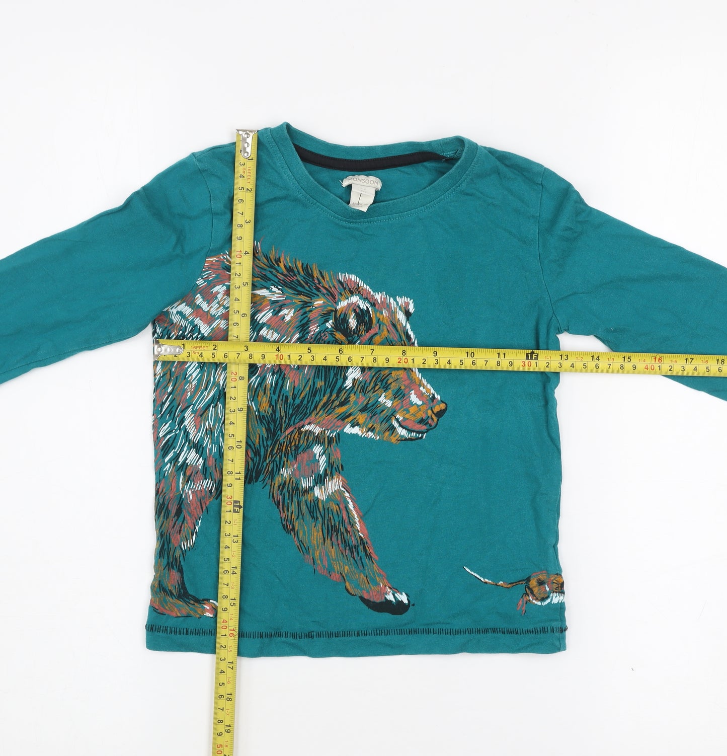 Monsoon Girls Green Long Sleeve Bear Print Cotton T-Shirt 5-6 Years