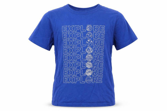 Front view of Gap Kids boys’ blue explore graphic cotton t-shirt, size 6-7, years
