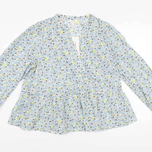 Marks and Spencer Per Una Women's Blue Floral Long Sleeve Cotton Tunic Blouse Size 18