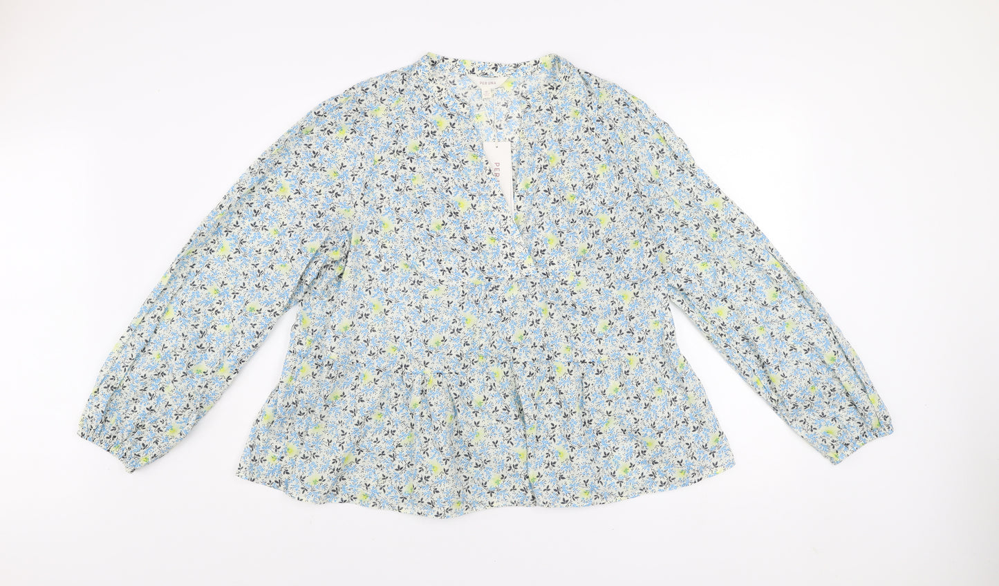 Marks and Spencer Per Una Women's Blue Floral Long Sleeve Cotton Tunic Blouse Size 18