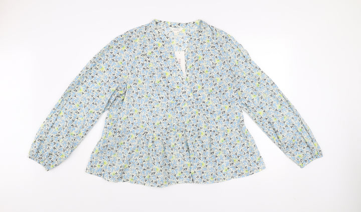 Marks and Spencer Per Una Women's Blue Floral Long Sleeve Cotton Tunic Blouse Size 18