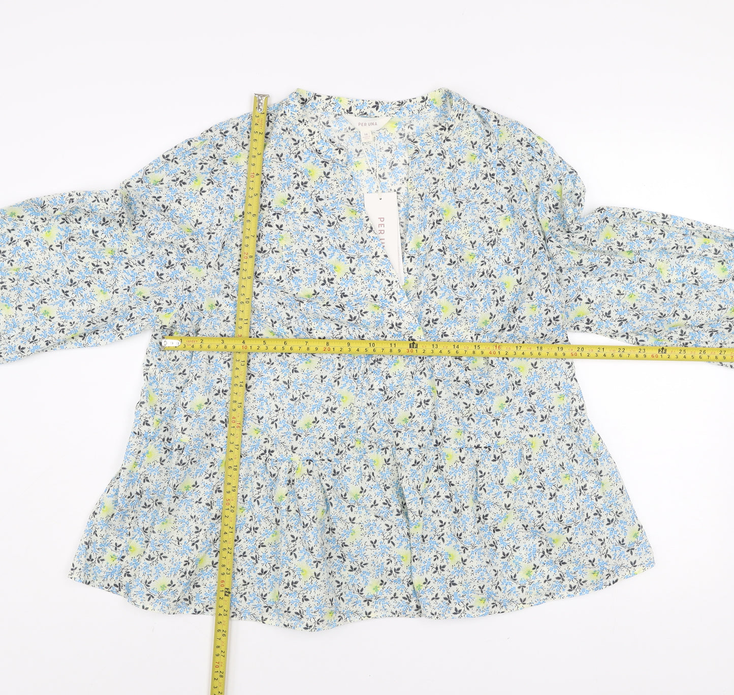 Marks and Spencer Per Una Women's Blue Floral Long Sleeve Cotton Tunic Blouse Size 18