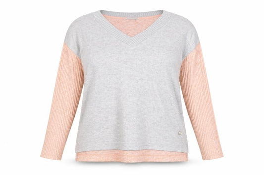 Front view of Next Women Peach & Grey V-Neck Long Sleeve Pullover Sweater, size 18, Petite