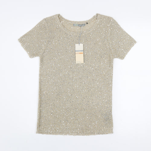 Marks and Spencer Women Beige Sequin Knit Short Sleeve T-Shirt UK 8