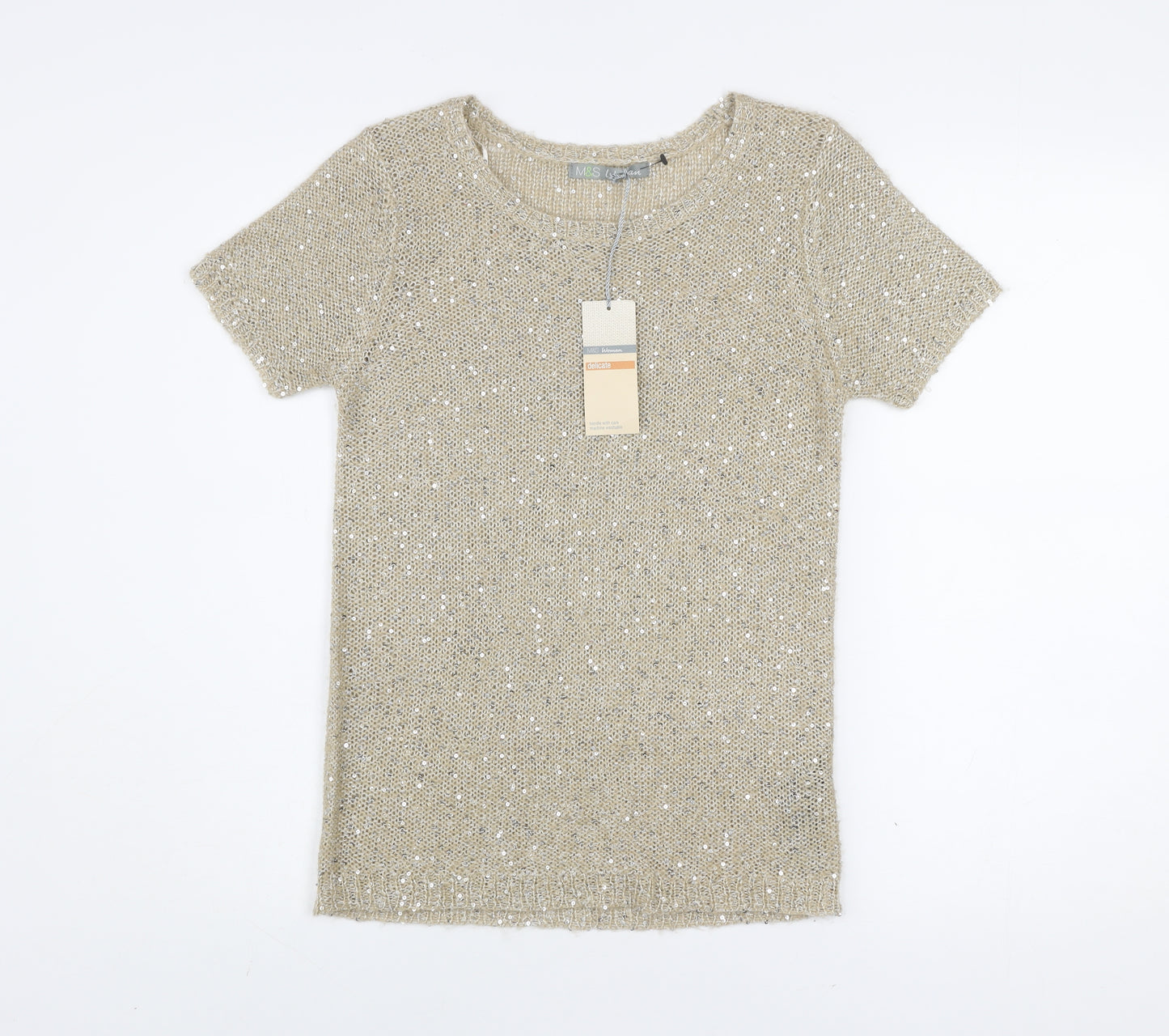 Marks and Spencer Women Beige Sequin Knit Short Sleeve T-Shirt UK 8