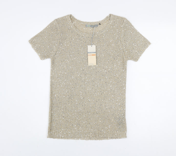 Marks and Spencer Women Beige Sequin Knit Short Sleeve T-Shirt UK 8